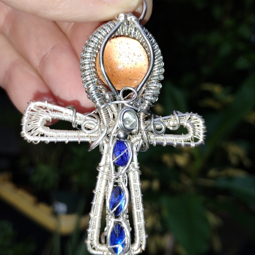 Silvertone and Blue Wire Wrapped Ankh Pendant